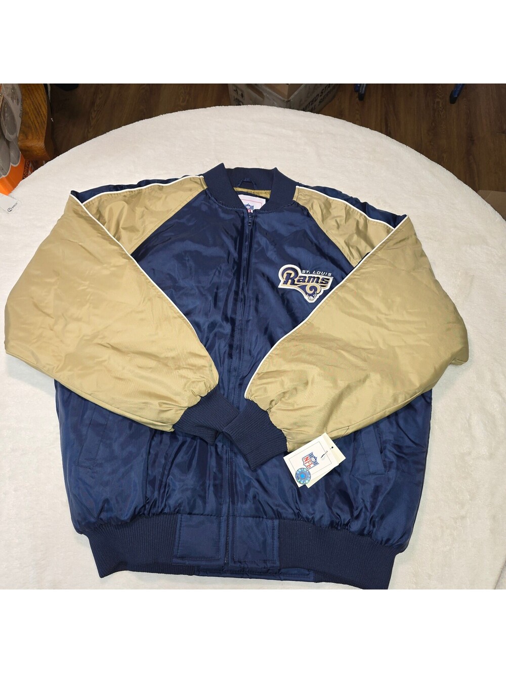 VTG 90s St Louis Rams Bomber Jacket NWT Deadstock NFL Team Apparel Blue Gold L
